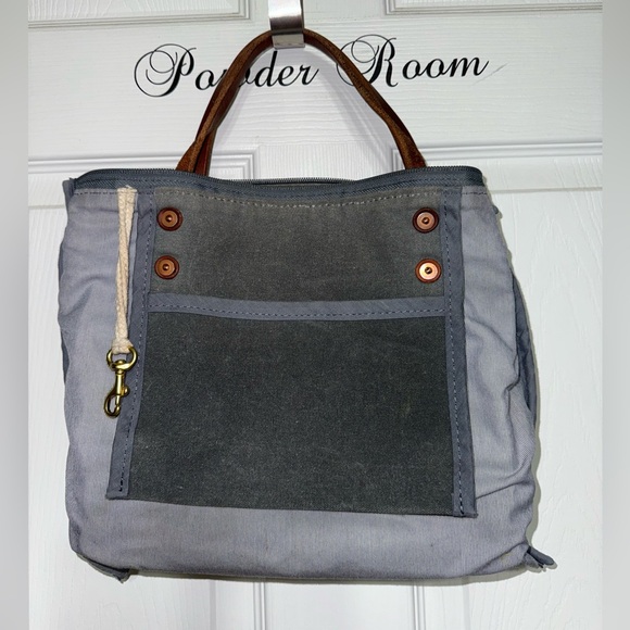 Meanwhile Back on the Farm Slate Blue Waxed Canvas Tote Rustic Casual Bag - Picture 4 of 7